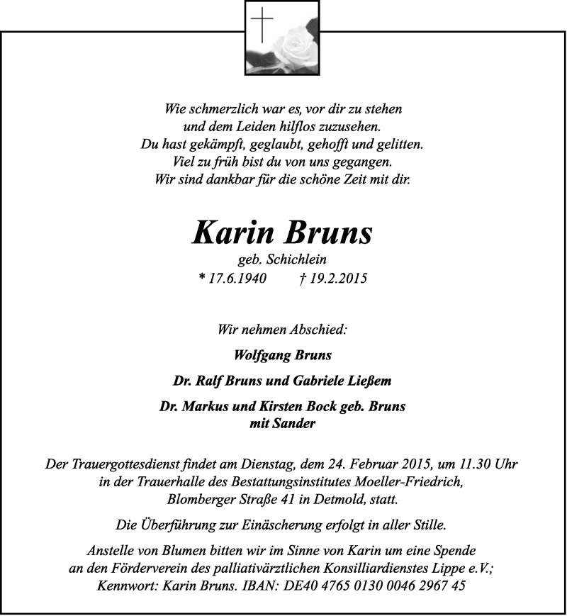  Traueranzeige für Karin Bruns vom 21.02.2015 aus Lippische Landes-Zeitung