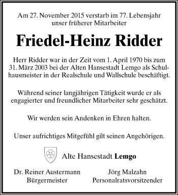 Anzeige  Friedel-Heinz Ridder  Lippische Landes-Zeitung