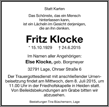 Anzeige  Fritz Klocke  Lippische Landes-Zeitung