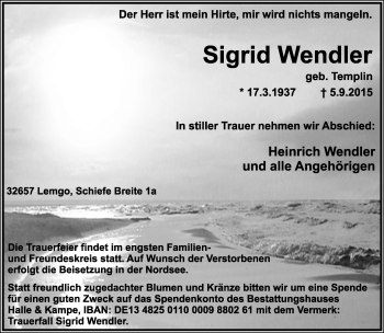 Anzeige  Sigrid Wendler  Lippische Landes-Zeitung