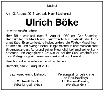 Anzeige  Ulrich Böke  Lippische Landes-Zeitung