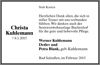 Anzeige  Christa Kuhlemann  Lippische Landes-Zeitung