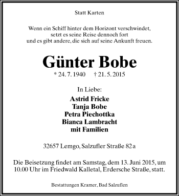 Anzeige  Günter Bobe  Lippische Landes-Zeitung