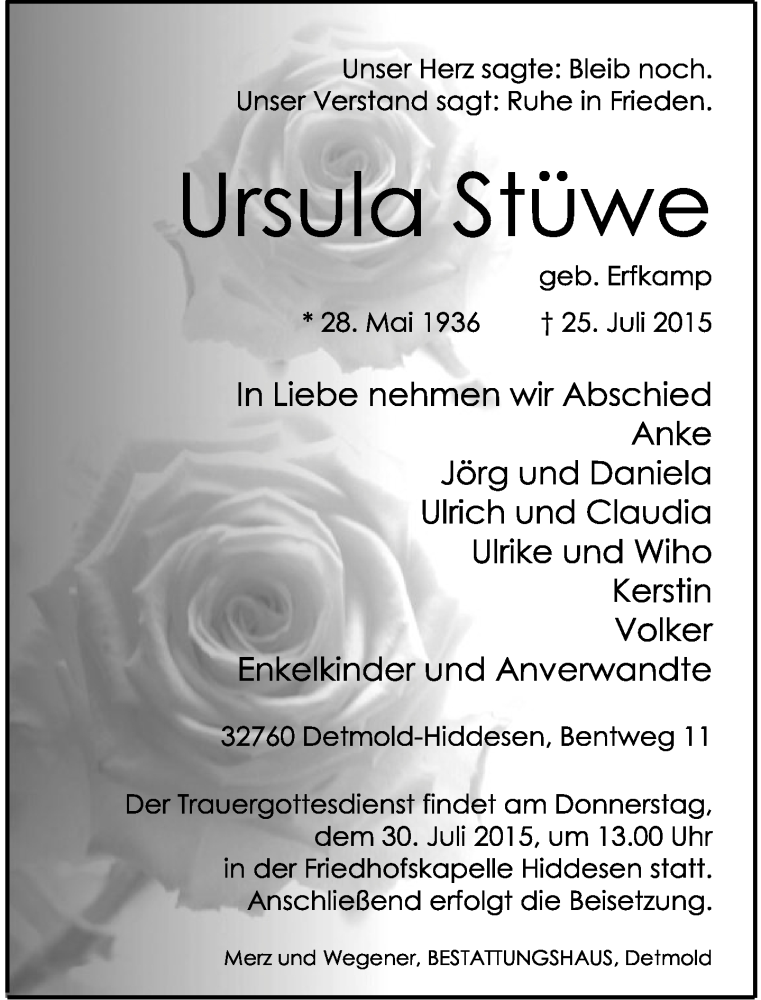  Traueranzeige für Ursula Stüwe vom 28.07.2015 aus Lippische Landes-Zeitung