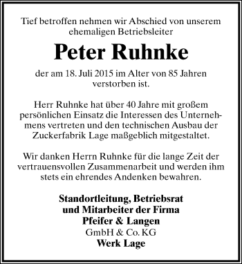 Anzeige  Peter Ruhnke  Lippische Landes-Zeitung