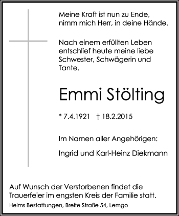 Anzeige  Emmi Stölting  Lippische Landes-Zeitung