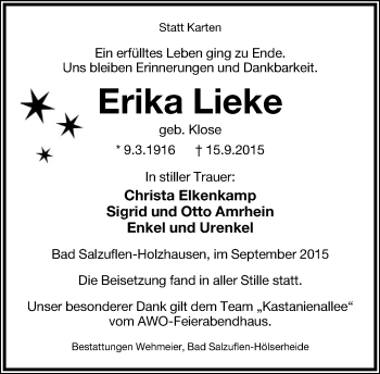 Anzeige  Erika Lieke  Lippische Landes-Zeitung