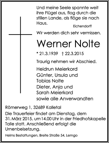 Anzeige  Werner Nolte  Lippische Landes-Zeitung