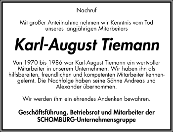 Anzeige  Karl-August Tiemann  Lippische Landes-Zeitung