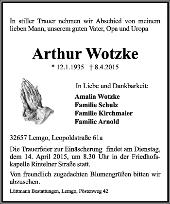 Anzeige  Arthur Wotzke  Lippische Landes-Zeitung