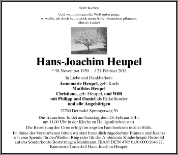 Anzeige  Hans-Joachim Heupel  Lippische Landes-Zeitung