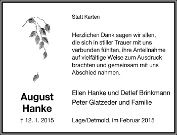 Anzeige  August Hanke  Lippische Landes-Zeitung