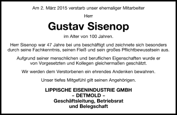 Anzeige  Gustav Sisenop  Lippische Landes-Zeitung