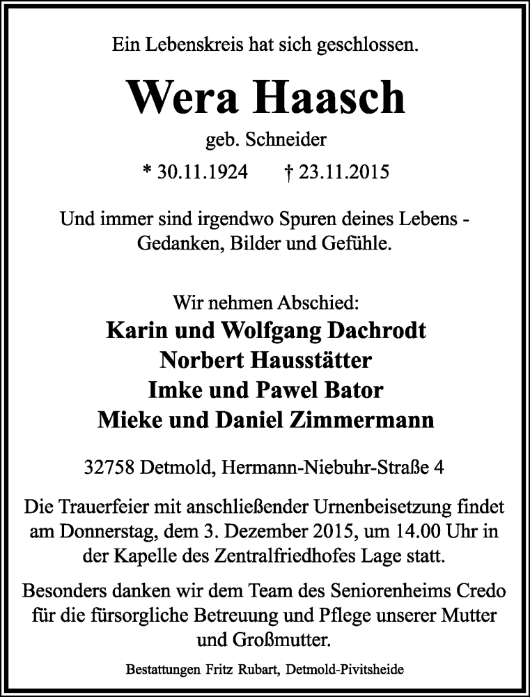  Traueranzeige für Wera Haasch vom 28.11.2015 aus Lippische Landes-Zeitung