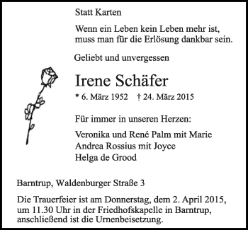 Anzeige  Irene Schäfer  Lippische Landes-Zeitung