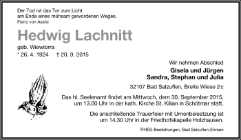 Anzeige  Hedwig Lachnitt  Lippische Landes-Zeitung