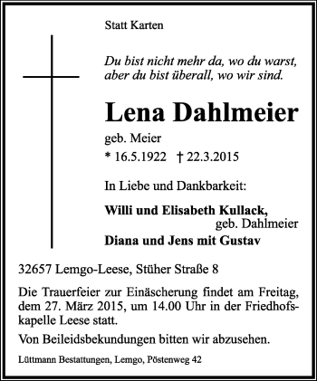 Anzeige  Lena Dahlmeier  Lippische Landes-Zeitung