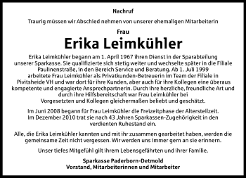 Anzeige  Erika Leimkühler  Lippische Landes-Zeitung