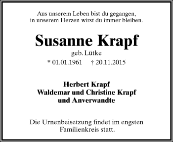 Anzeige  Susanne Krapf  Lippische Landes-Zeitung