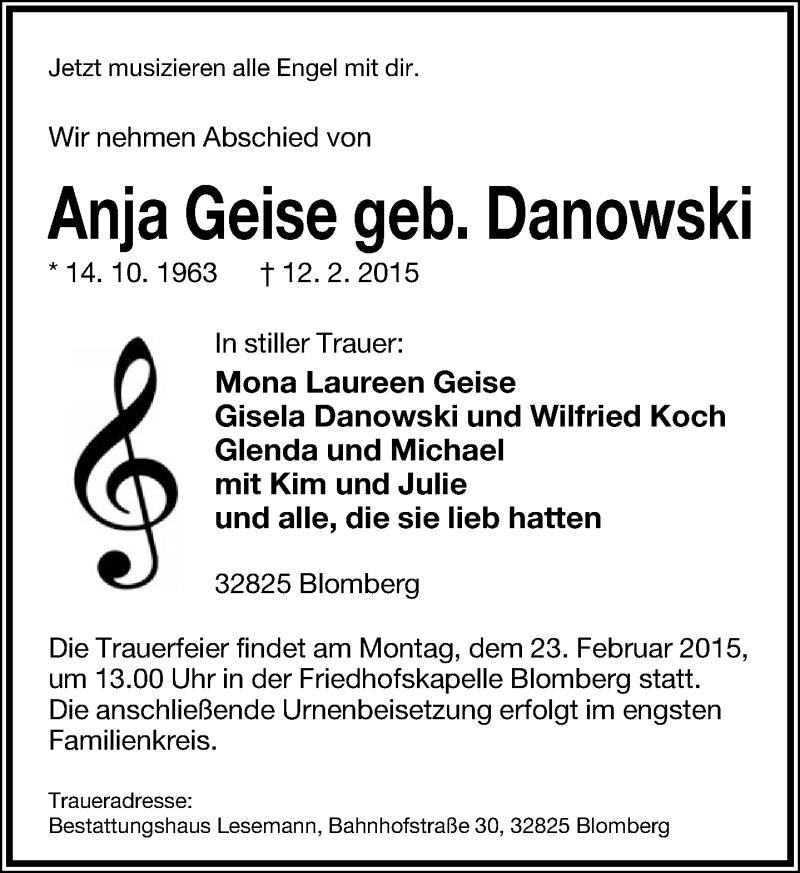  Traueranzeige für Anja Geise vom 19.02.2015 aus Lippische Landes-Zeitung