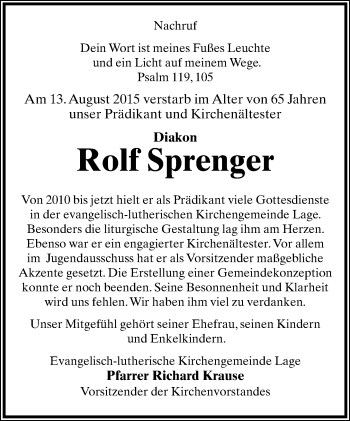 Anzeige  Rolf Sprenger  Lippische Landes-Zeitung