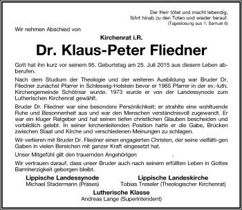 Anzeige  Klaus-Peter Fliedner  Lippische Landes-Zeitung