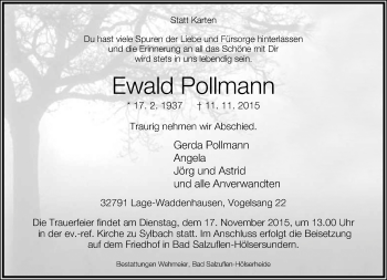 Anzeige  Ewald Pollmann  Lippische Landes-Zeitung