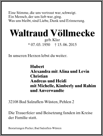 Anzeige  Waltraud Völlmecke  Lippische Landes-Zeitung