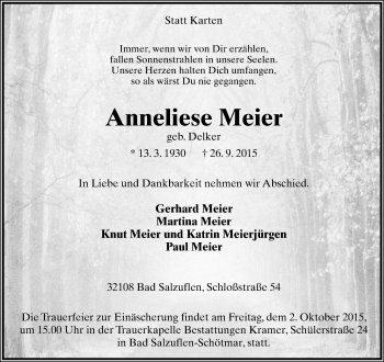 Anzeige  Anneliese Meier  Lippische Landes-Zeitung