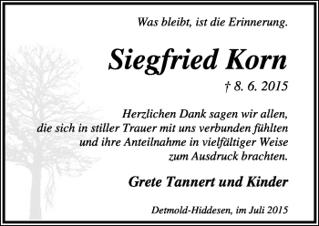 Anzeige  Siegfried Korn  Lippische Landes-Zeitung