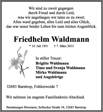 Anzeige  Friedhelm Waldmann  Lippische Landes-Zeitung