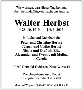Anzeige  Walter Herbst  Lippische Landes-Zeitung