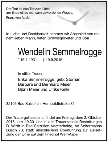 Anzeige  Wendelin Semmelrogge  Lippische Landes-Zeitung
