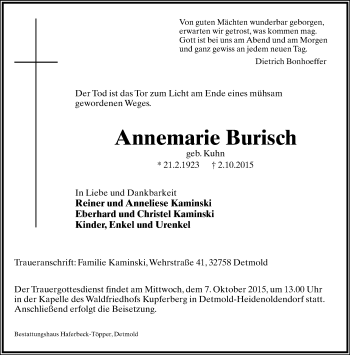 Anzeige  Annemarie Burisch  Lippische Landes-Zeitung