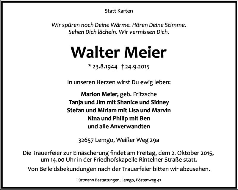  Traueranzeige für Walter Meier vom 26.09.2015 aus Lippische Landes-Zeitung