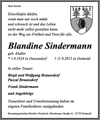 Anzeige  Blandine Sindermann  Lippische Landes-Zeitung