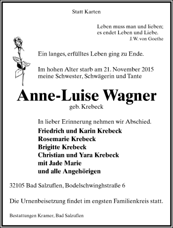Anzeige  Anne-Luise Wagner  Lippische Landes-Zeitung