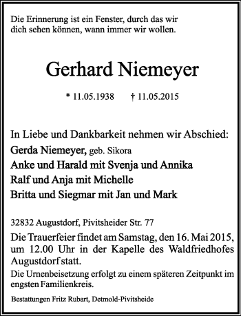 Anzeige  Gerhard Niemeyer  Lippische Landes-Zeitung