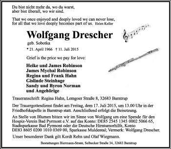 Anzeige  Wolfgang Drescher  Lippische Landes-Zeitung