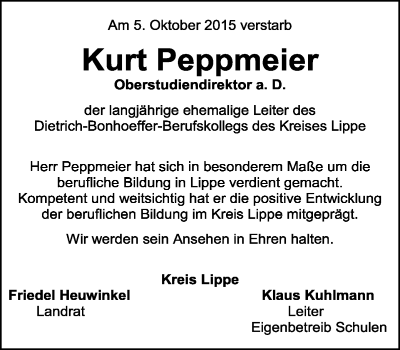  Traueranzeige für Kurt Peppmeier vom 17.10.2015 aus Lippische Landes-Zeitung
