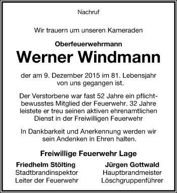 Anzeige  Werner Windmann  Lippische Landes-Zeitung