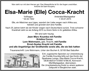 Anzeige  Elsa-Marie Cocca-Kracht  Lippische Landes-Zeitung