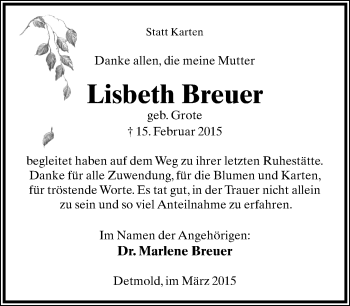 Anzeige  Lisbeth Breuer  Lippische Landes-Zeitung