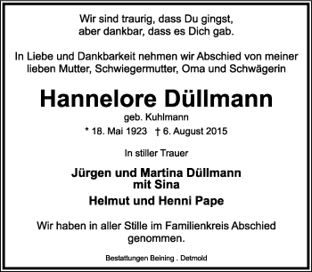 Anzeige  Hannelore Düllmann  Lippische Landes-Zeitung