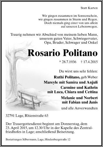 Anzeige  Rosario Politano  Lippische Landes-Zeitung