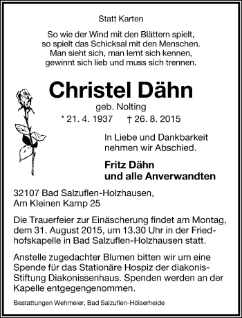 Anzeige  Christel Dähn  Lippische Landes-Zeitung