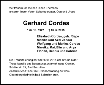 Anzeige  Gerhard Cordes  Lippische Landes-Zeitung