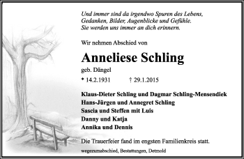Anzeige  Anneliese Schling  Lippische Landes-Zeitung