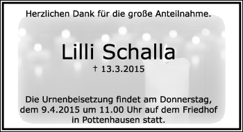 Anzeige  Lilli Schalla  Lippische Landes-Zeitung