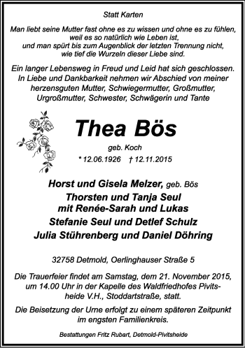 Anzeige  Thea Bös  Lippische Landes-Zeitung